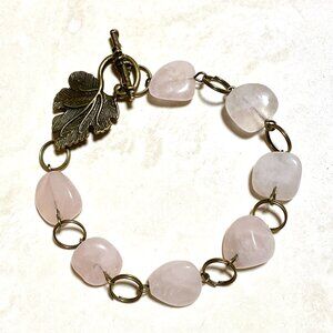 2/20, Natural Pink Rose Quartz Bracelet, Genuine Gemstone + Bronze Grape Leaf